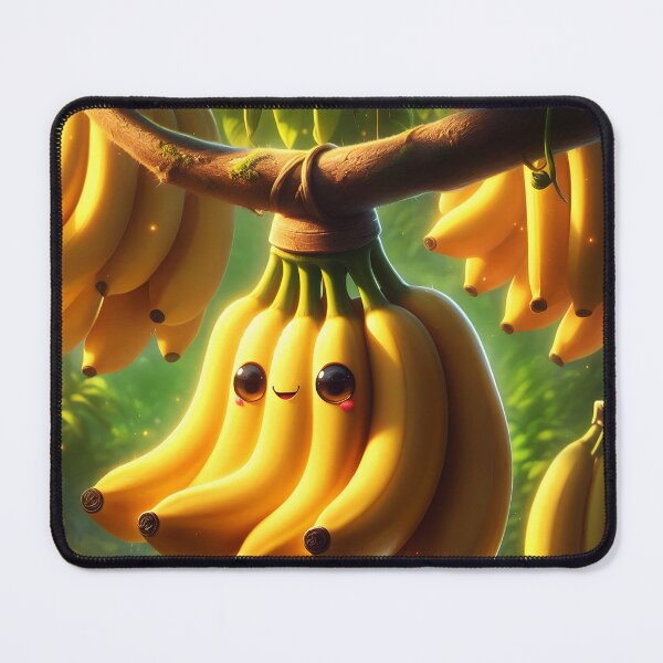 Item preview, kawaii bunch of banana with face hanging from tree in natural habitat designed and sold by EmeraldeaArt.