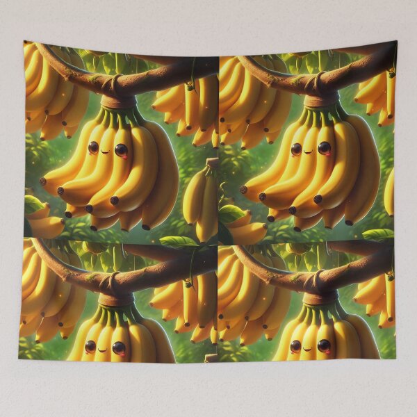 Item preview, kawaii bunch of banana with face hanging from tree in natural habitat  designed and sold by EmeraldeaArt.