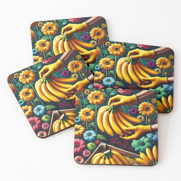 Item preview, bunch of banana collected by hand wearing yellow glowes among colorful flowers digitalart designed and sold by EmeraldeaArt.