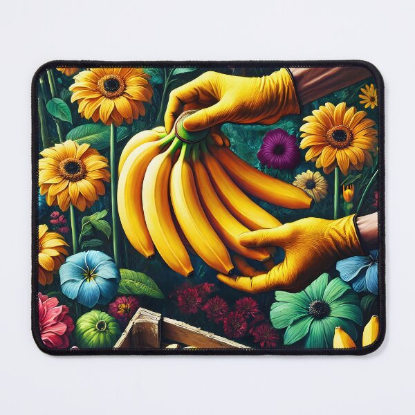 Item preview, bunch of banana collected by hand wearing yellow glowes among colorful flowers digitalart designed and sold by EmeraldeaArt.