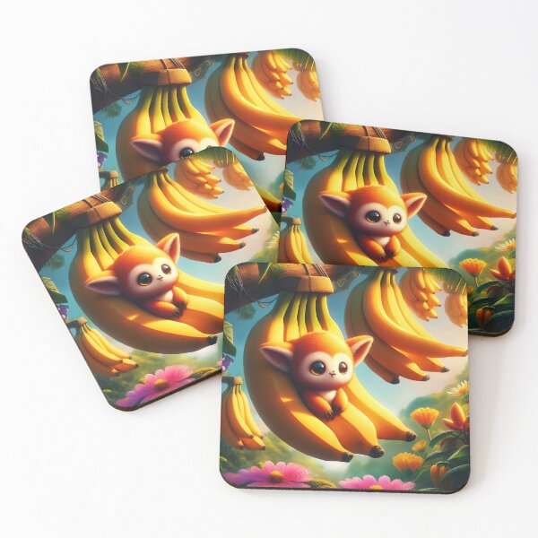 Item preview, Little monkey sitting on bunch of yellow bananas hanging from tree natural habitat digitalart designed and sold by EmeraldeaArt.