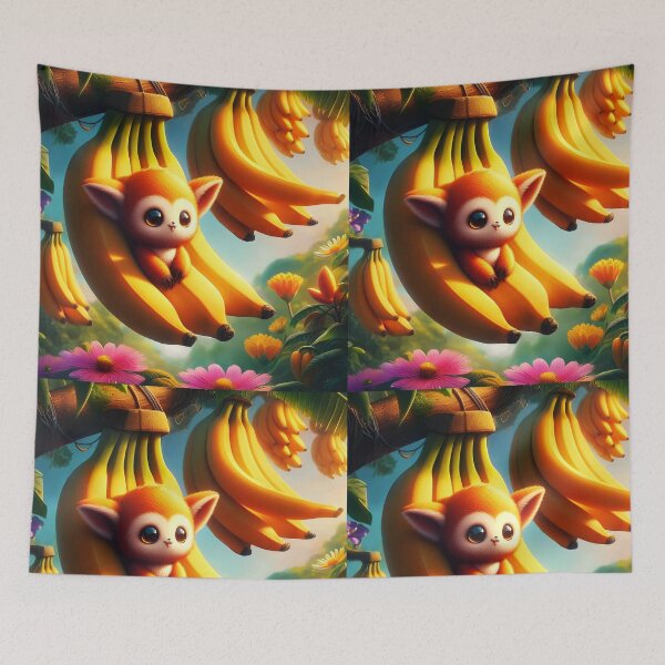 Item preview, Little monkey sitting on bunch of yellow bananas hanging from tree natural habitat digitalart designed and sold by EmeraldeaArt.