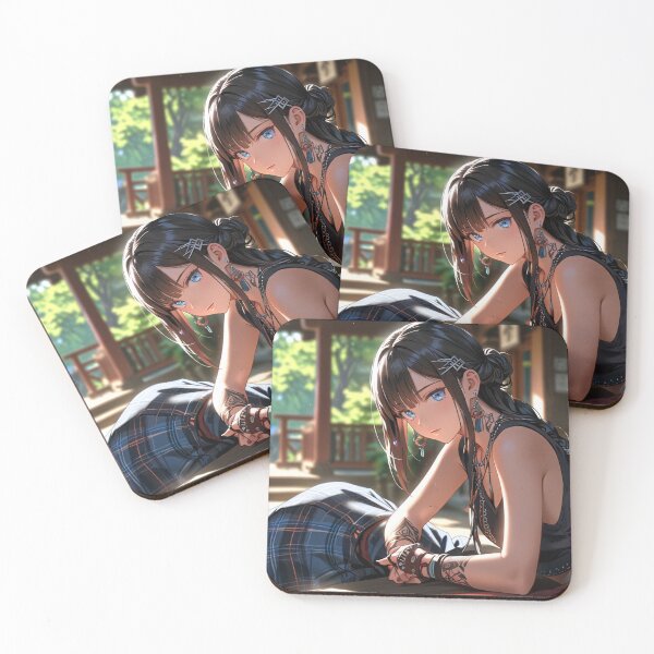 Item preview, Beautiful dark haired Tattooed Anime Manga Girl in sleeveless top designed and sold by Vintage Designs +.