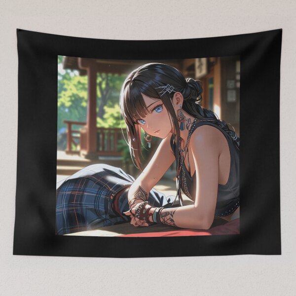 Item preview, Beautiful dark haired Tattooed Anime Manga Girl in sleeveless top designed and sold by Vintage Designs +.