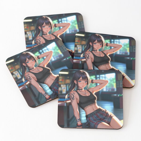 Item preview, Beautiful dark haired Tattooed Anime Manga Girl in sleeveless top designed and sold by Vintage Designs +.