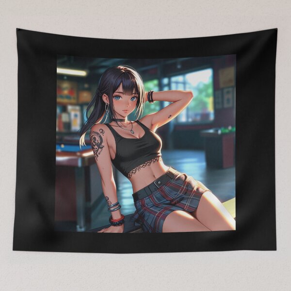 Item preview, Beautiful dark haired Tattooed Anime Manga Girl in sleeveless top designed and sold by Vintage Designs +.