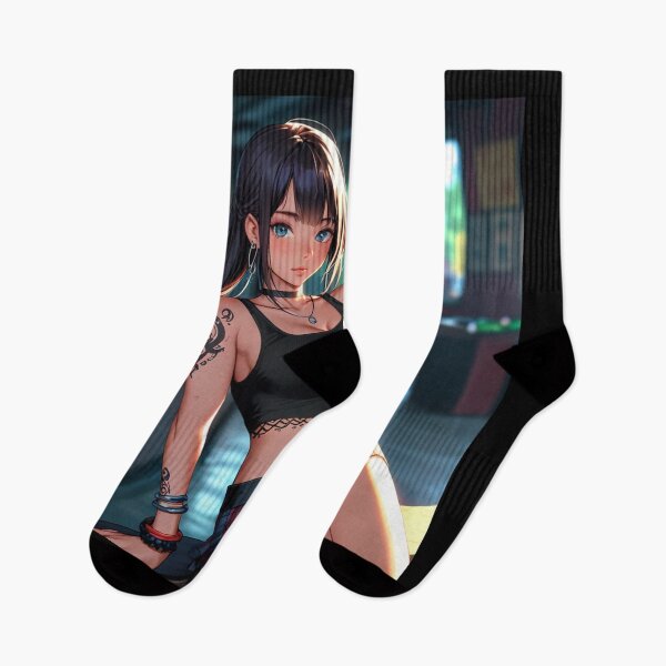 Item preview, Beautiful dark haired Tattooed Anime Manga Girl in sleeveless top designed and sold by Vintage Designs +.