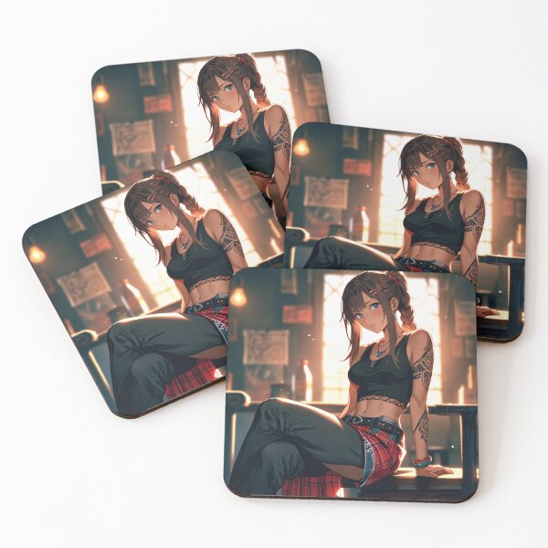 Item preview, Beautiful dark haired Tattooed Anime Manga Girl in sleeveless top designed and sold by Vintage Designs +.