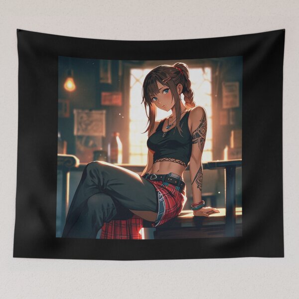 Item preview, Beautiful dark haired Tattooed Anime Manga Girl in sleeveless top designed and sold by Vintage Designs +.