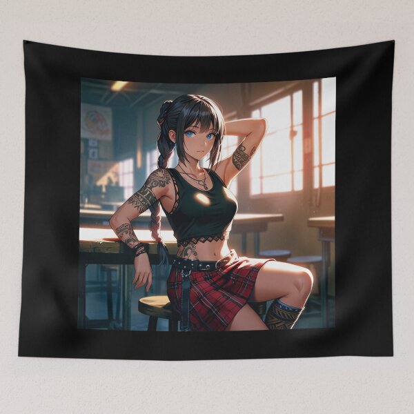 Item preview, Beautiful dark haired Tattooed Anime Manga Girl in sleeveless top designed and sold by Vintage Designs +.