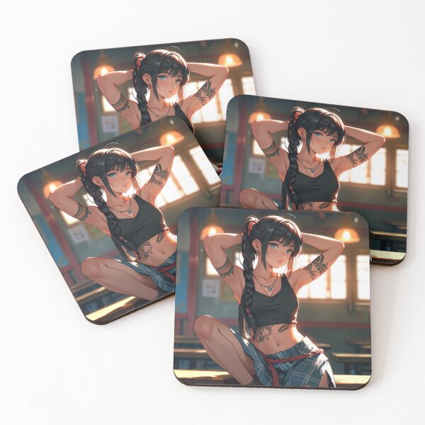 Item preview, Beautiful dark haired Tattooed Anime Manga Girl in sleeveless top designed and sold by Vintage Designs +.