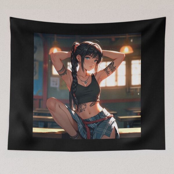 Item preview, Beautiful dark haired Tattooed Anime Manga Girl in sleeveless top designed and sold by Vintage Designs +.