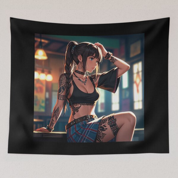 Item preview, Beautiful dark haired Tattooed Anime Manga Girl in sleeveless top designed and sold by Vintage Designs +.
