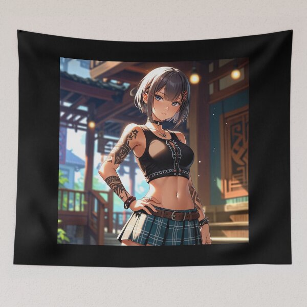 Item preview, Beautiful dark haired Tattooed Anime Manga Girl in sleeveless top designed and sold by Vintage Designs +.