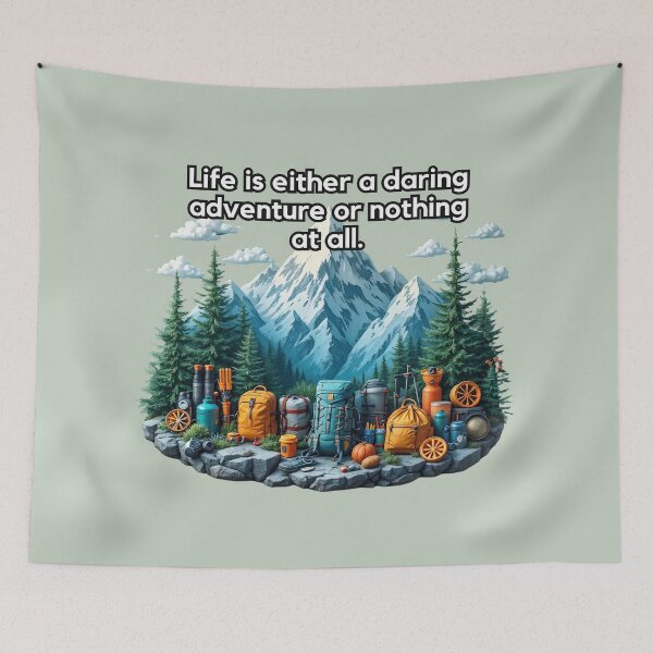 Item preview, A lively 3D background featuring hiking gear, backpacks, and climbing equipment against a rugged mountain landscape, perfect for adventure promotions. designed and sold by AlwaysHome.
