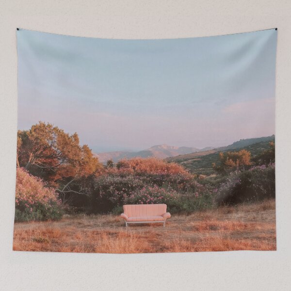 Item preview, Serene Couch in Blooming Field with Mountains - Poetic Landscape Photography designed and sold by regnumsaturni.
