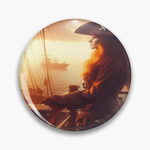 Item preview, AI generated pirate looking off into the sunset from her ship designed and sold by AI-this-is-AI.