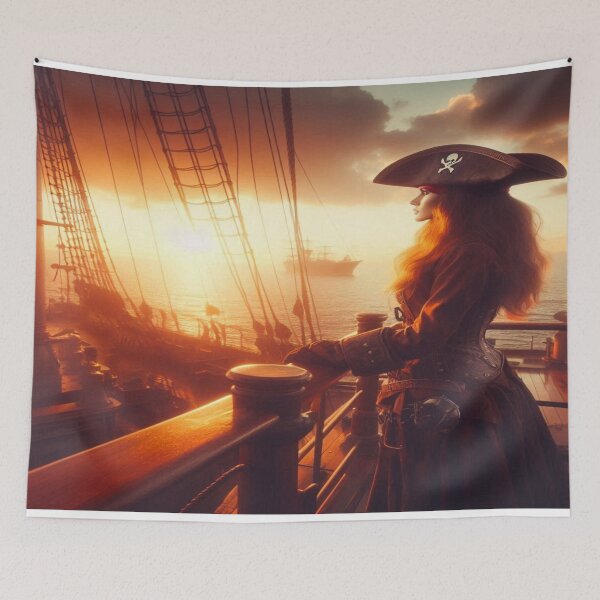 Item preview, AI generated pirate looking off into the sunset from her ship designed and sold by AI-this-is-AI.