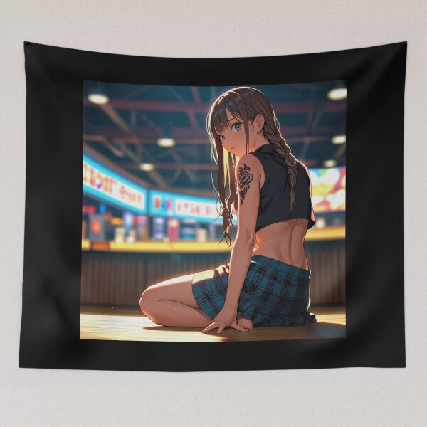 Item preview,  Beautiful dark haired Tattooed Anime Manga Girl in sleeveless top designed and sold by Vintage Designs +.