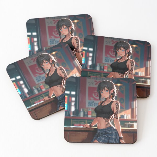 Item preview, Beautiful dark haired Tattooed Anime Manga Girl in sleeveless top designed and sold by Vintage Designs +.