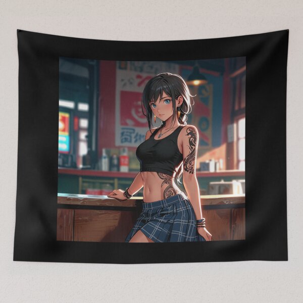 Item preview, Beautiful dark haired Tattooed Anime Manga Girl in sleeveless top designed and sold by Vintage Designs +.