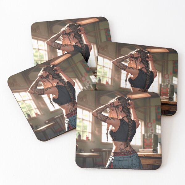 Item preview, Beautiful dark haired Tattooed Anime Manga Girl in sleeveless top designed and sold by Vintage Designs +.