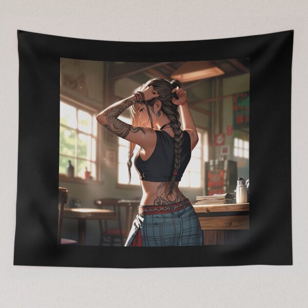 Item preview, Beautiful dark haired Tattooed Anime Manga Girl in sleeveless top designed and sold by Vintage Designs +.