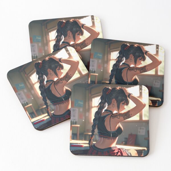 Item preview, Beautiful dark haired Tattooed Anime Manga Girl in sleeveless top designed and sold by Vintage Designs +.