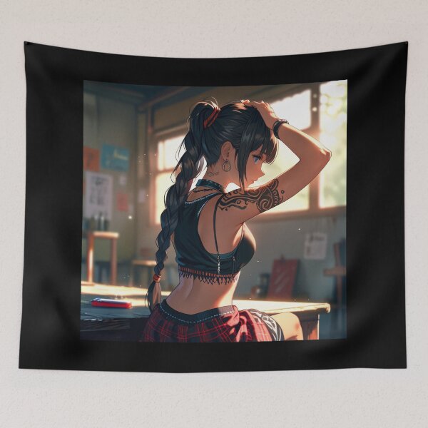 Item preview, Beautiful dark haired Tattooed Anime Manga Girl in sleeveless top designed and sold by Vintage Designs +.