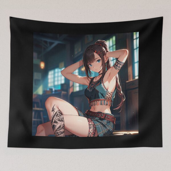 Item preview, Beautiful dark haired Tattooed Anime Manga Girl in sleeveless top designed and sold by Vintage Designs +.