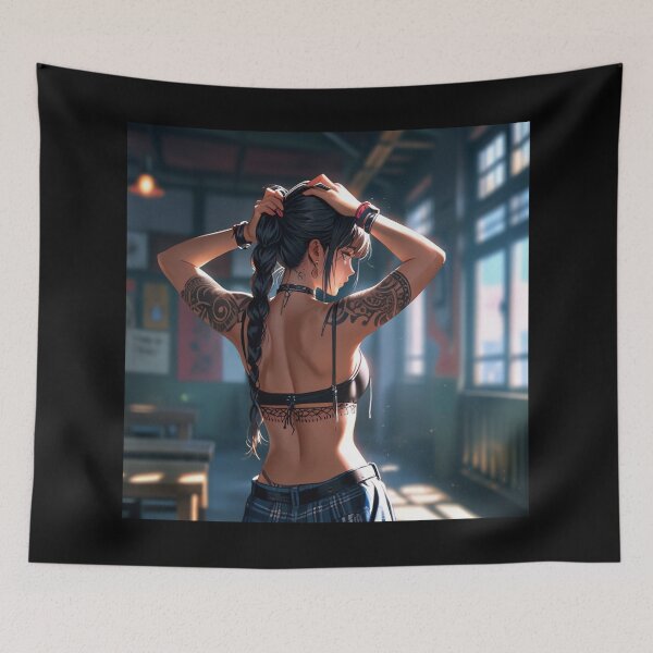 Item preview, Beautiful dark haired Tattooed Anime Manga Girl in sleeveless top designed and sold by Vintage Designs +.