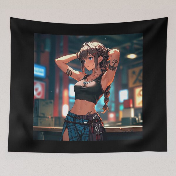 Item preview, Beautiful dark haired Tattooed Anime Manga Girl in sleeveless top designed and sold by Vintage Designs +.