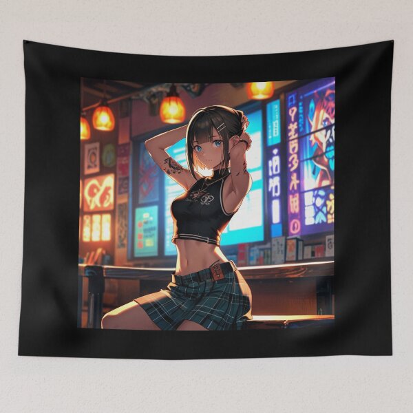 Item preview, Beautiful dark haired Tattooed Anime Manga Girl in sleeveless top designed and sold by Vintage Designs +.