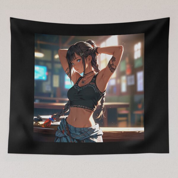 Item preview, Beautiful dark haired Tattooed Anime Manga Girl in sleeveless top designed and sold by Vintage Designs +.