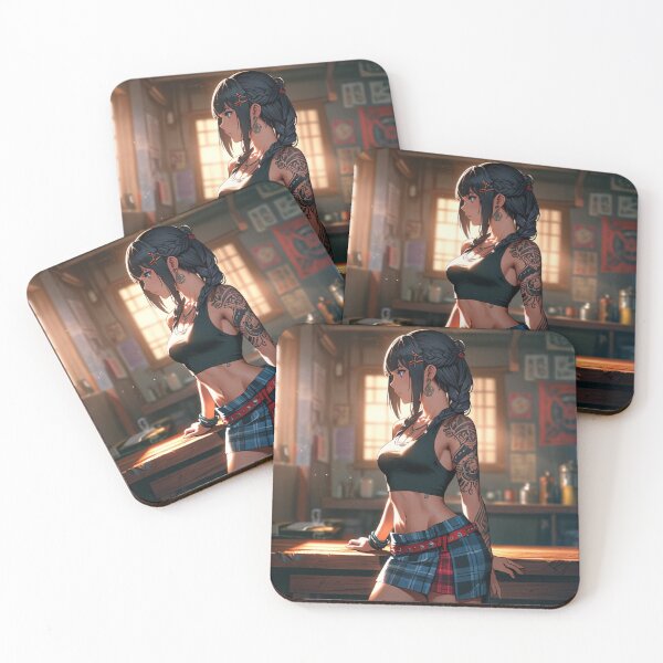Item preview,  Beautiful dark haired Tattooed Anime Manga Girl in sleeveless top designed and sold by Vintage Designs +.