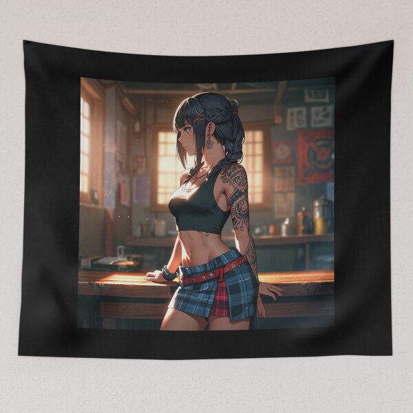 Item preview,  Beautiful dark haired Tattooed Anime Manga Girl in sleeveless top designed and sold by Vintage Designs +.