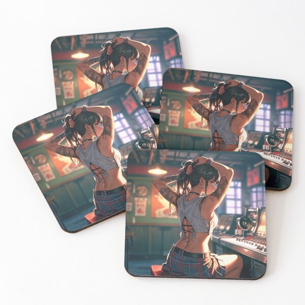 Item preview,  Beautiful dark haired Tattooed Anime Manga Girl in sleeveless top designed and sold by Vintage Designs +.