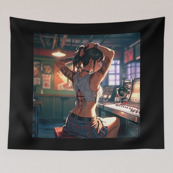 Item preview,  Beautiful dark haired Tattooed Anime Manga Girl in sleeveless top designed and sold by Vintage Designs +.