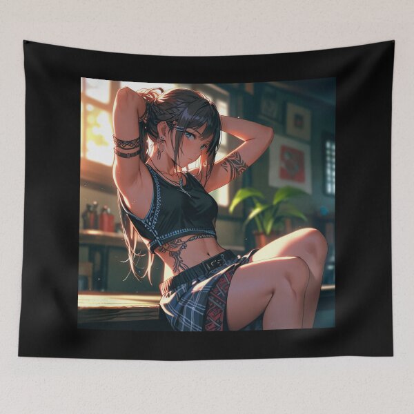 Item preview,  Beautiful dark haired Tattooed Anime Manga Girl in sleeveless top designed and sold by Vintage Designs +.