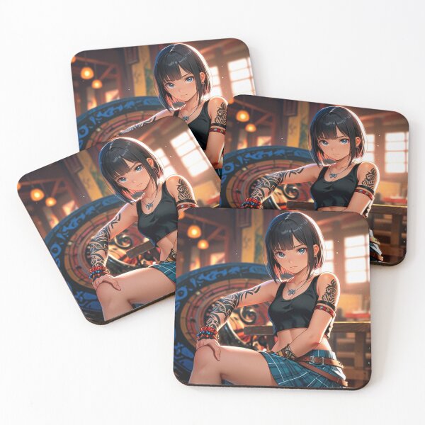 Item preview,  Beautiful dark haired Tattooed Anime Manga Girl in sleeveless top designed and sold by Vintage Designs +.