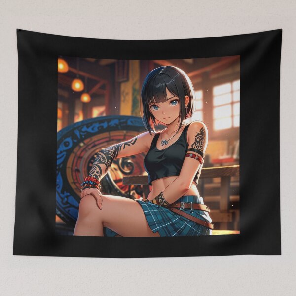 Item preview,  Beautiful dark haired Tattooed Anime Manga Girl in sleeveless top designed and sold by Vintage Designs +.