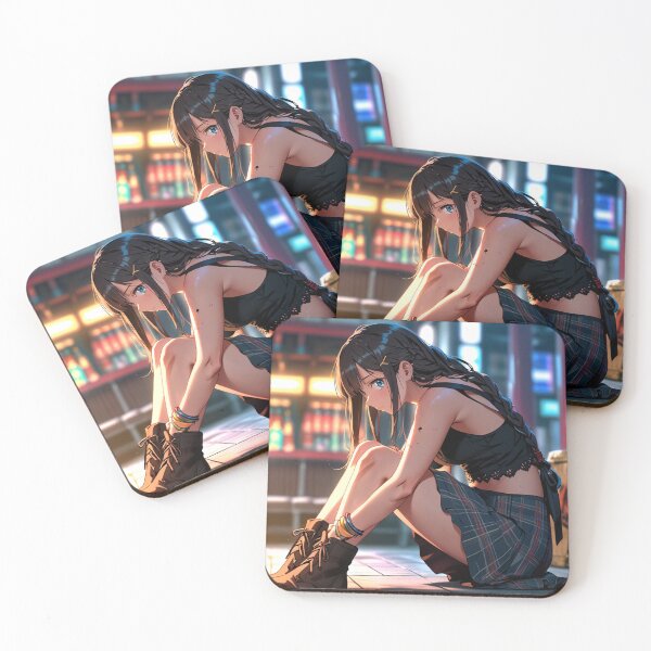 Item preview, Beautiful dark haired Tattooed Anime Manga Girl in sleeveless top designed and sold by Vintage Designs +.