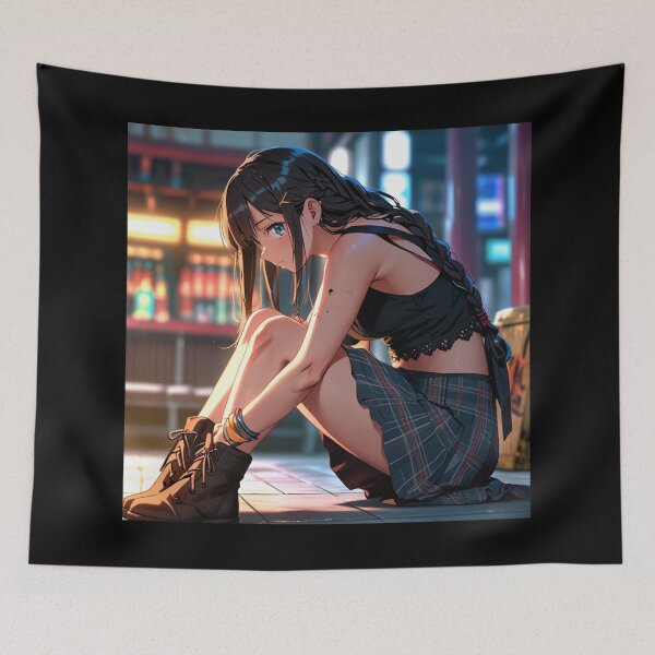 Item preview, Beautiful dark haired Tattooed Anime Manga Girl in sleeveless top designed and sold by Vintage Designs +.