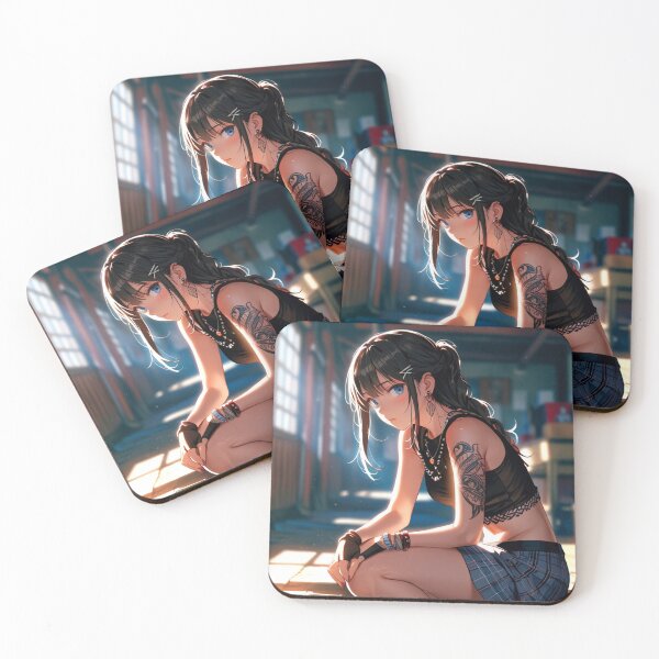 Item preview,  Beautiful dark haired Tattooed Anime Manga Girl in sleeveless top designed and sold by Vintage Designs +.