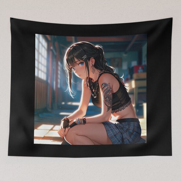 Item preview,  Beautiful dark haired Tattooed Anime Manga Girl in sleeveless top designed and sold by Vintage Designs +.