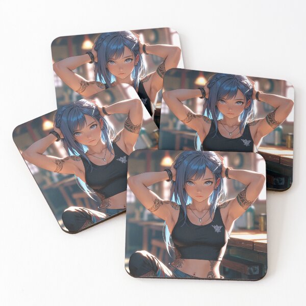 Item preview, Beautiful blue haired Tattooed Anime Manga Girl in sleeveless top designed and sold by Vintage Designs +.