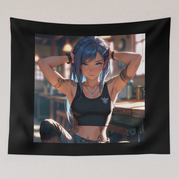 Item preview, Beautiful blue haired Tattooed Anime Manga Girl in sleeveless top designed and sold by Vintage Designs +.