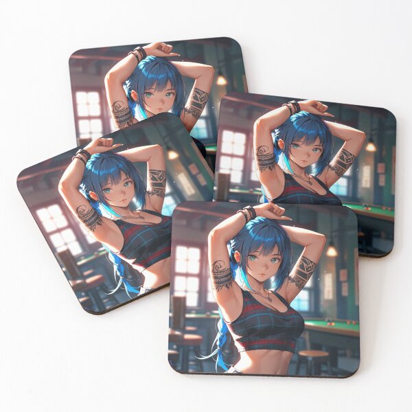 Item preview, Beautiful blue haired Tattooed Anime Manga Girl in sleeveless top designed and sold by Vintage Designs +.