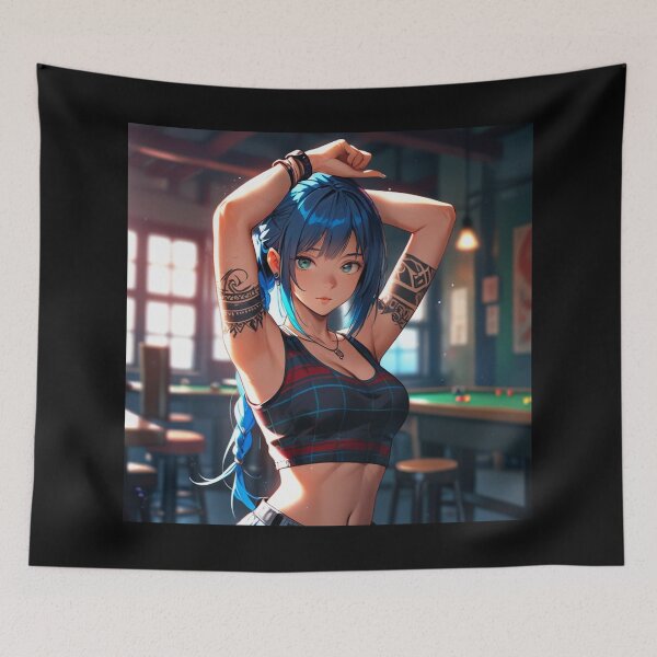 Item preview, Beautiful blue haired Tattooed Anime Manga Girl in sleeveless top designed and sold by Vintage Designs +.