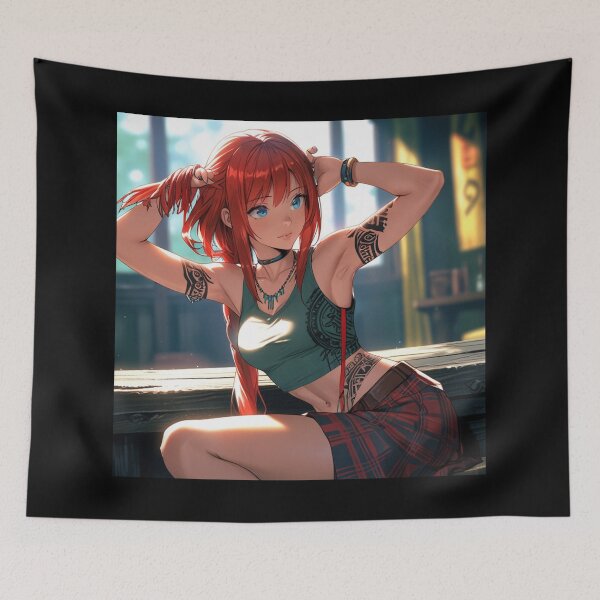 Item preview, Beautiful bred haired Tattooed Anime Manga Girl in sleeveless top designed and sold by Vintage Designs +.